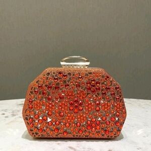 Elegant  Orange Gold Crystal Clutch purse Bag for Special Occasions For Woman